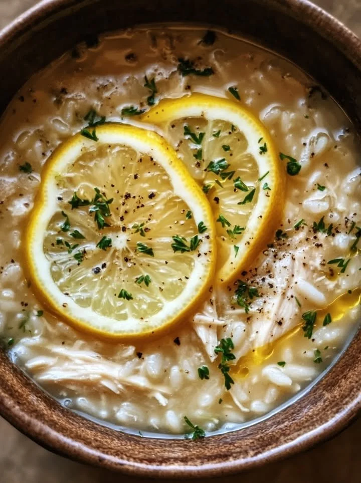 Bowl of Lemon Chicken and Rice Soup garnished with fresh herbs