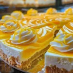 Lemon Mango Swirl Cheesecake topped with fresh mango and lemon zest