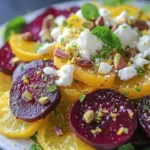 Lemon & pistachio roasted beet salad garnished with herbs and nuts