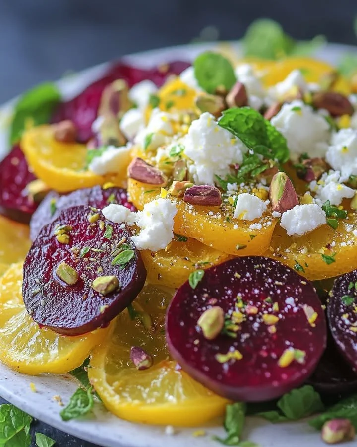 Lemon & pistachio roasted beet salad garnished with herbs and nuts