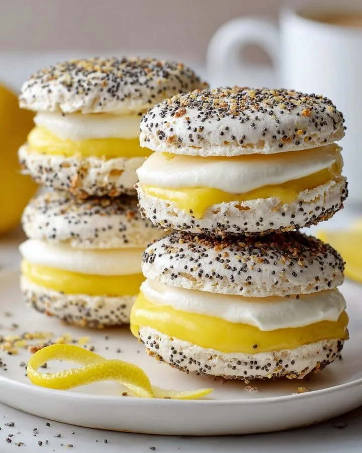 Lemon and poppy seed meringue sandwiches arranged on a plate