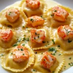 Plate of Lobster Ravioli in zesty lemon butter sauce garnished with herbs