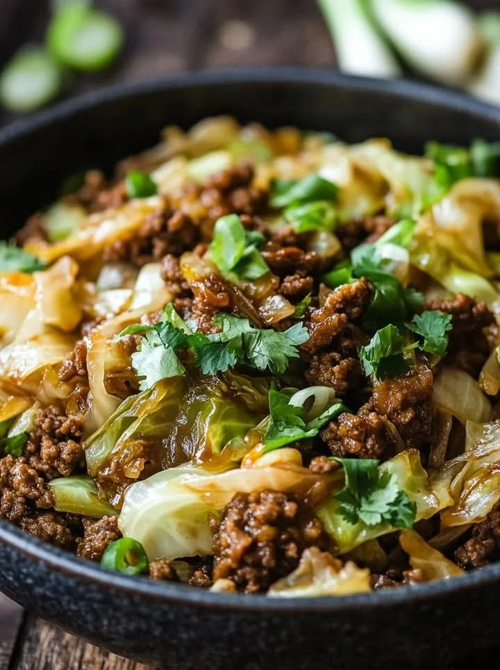 Delicious low-carb Mongolian ground beef served with fresh cabbage