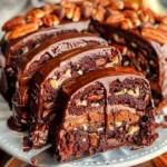 Delicious slice of luscious chocolate pecan cake with chocolate frosting and pecans.