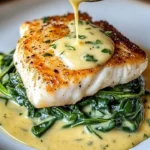 Plate of luscious lemon-garlic sea bass served with creamed spinach