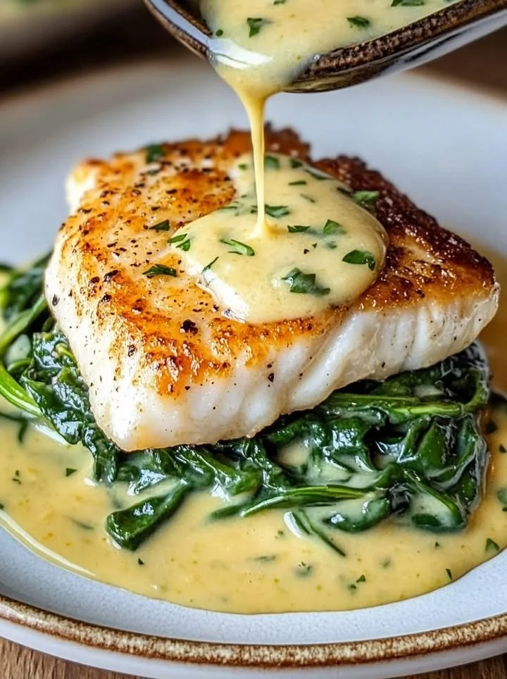 Plate of luscious lemon-garlic sea bass served with creamed spinach