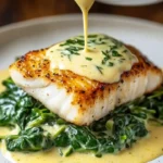 Lemon-garlic sea bass dish with creamed spinach on a plate