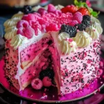 Luscious pink dragon fruit layer cake with vibrant colors and delicious frosting.