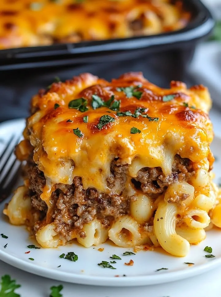 Delicious Mac and Cheese Meatloaf Casserole topped with cheesy goodness