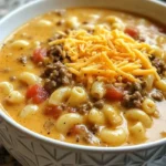 Delicious bowl of Macaroni Cheeseburger Soup with melted cheese and macaroni.