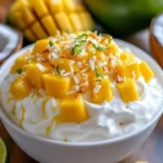 Delicious Mango Coconut Cream Delight served in a bowl with fresh mango slices.