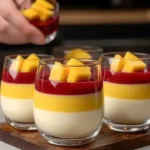Delicious Mango Panna Cotta dessert garnished with fresh mango slices.