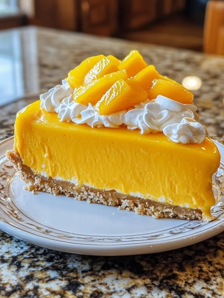 Mango Tango No-Bake Cheesecake topped with fresh mango slices and mint leaves