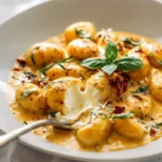 Creamy Marry Me Gnocchi topped with burrata cheese and herbs
