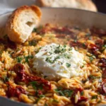 Plate of Marry Me Orzo with Whole Baked Feta garnished with herbs and olive oil.