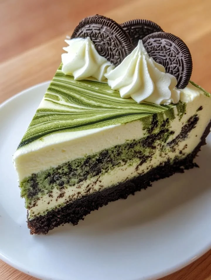 Delicious matcha Oreo swirl cheesecake on a plate with a mint leaf garnish