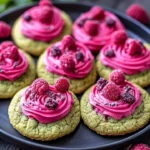Plate of Matcha Raspberry Dream Cookies with vibrant raspberry and green matcha colors