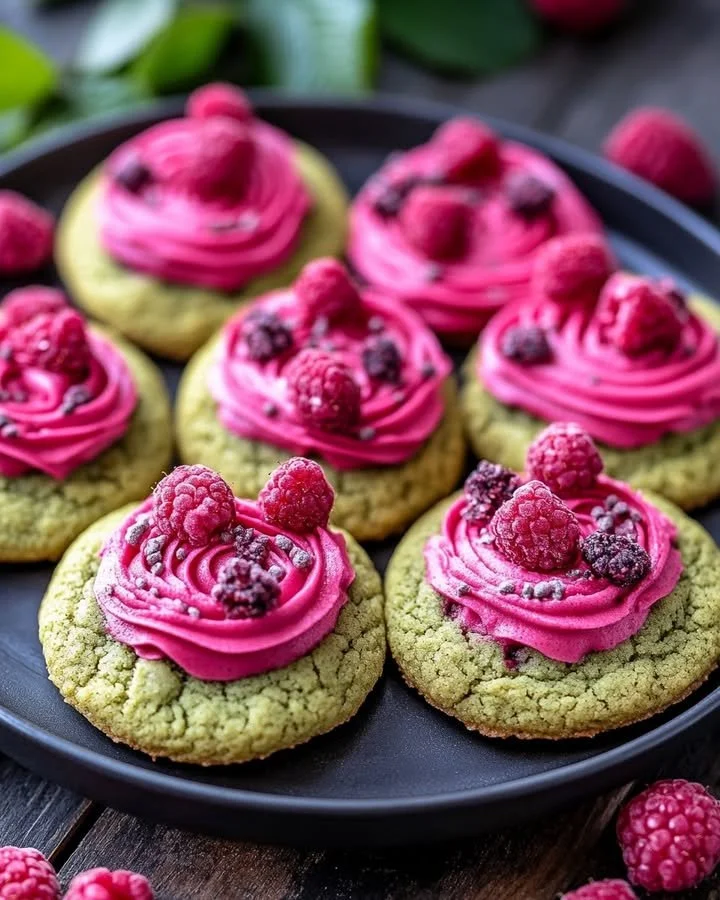 Plate of Matcha Raspberry Dream Cookies with vibrant raspberry and green matcha colors
