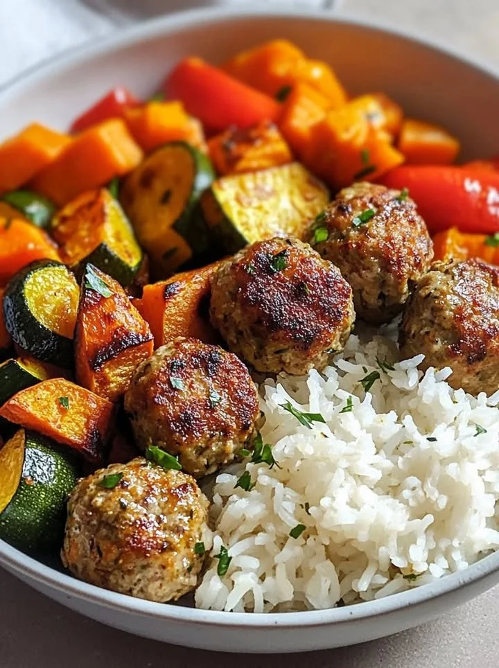 Plate of meatballs with roasted vegetables and rice, garnished and ready to serve