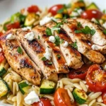 Mediterranean Chicken and Orzo Skillet topped with fresh herbs and vegetables