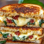 Mediterranean grilled cheese sandwich with herbs and ingredients.