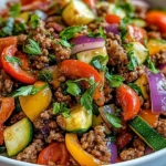 Mediterranean ground beef stir fry with colorful vegetables