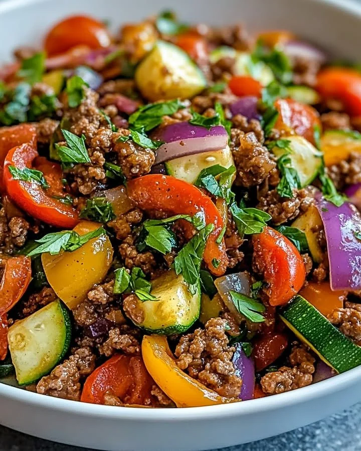 Mediterranean ground beef stir fry with colorful vegetables
