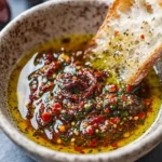Mediterranean olive oil dip served in a bowl with herbs on the side