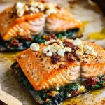 Mediterranean stuffed salmon garnished with herbs and vegetables