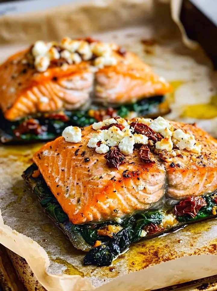 Mediterranean stuffed salmon garnished with herbs and vegetables
