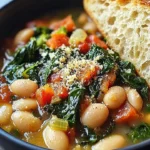 Mediterranean dish featuring white beans and greens, garnished with herbs.