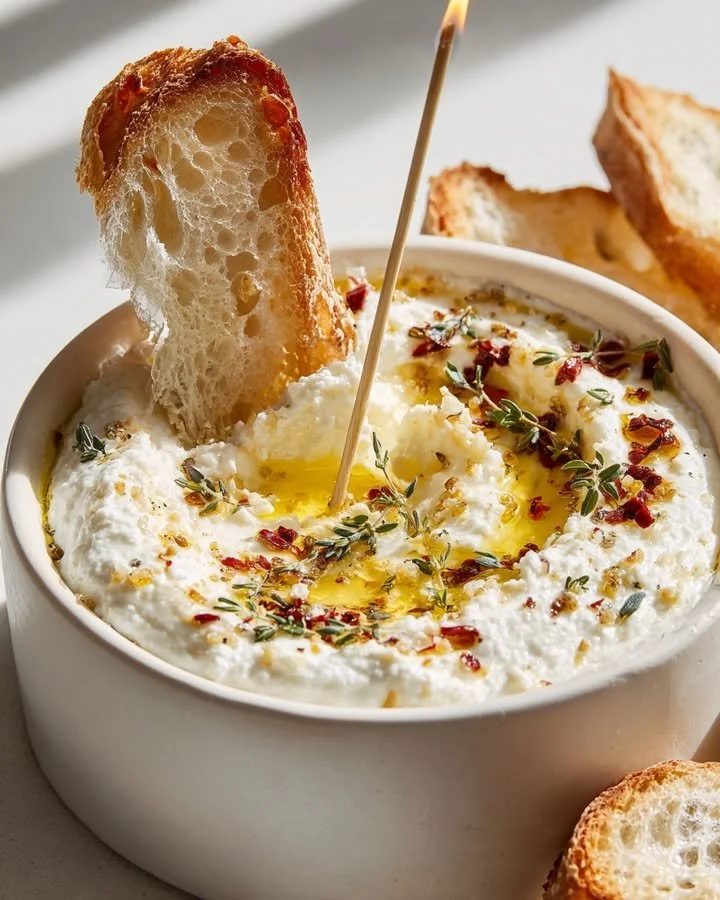 Delicious melting candle ricotta dip with herb-garlic butter flame