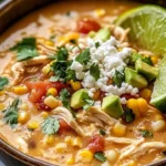 A bowl of Mexican Street Corn White Chicken Chili topped with cilantro and lime.