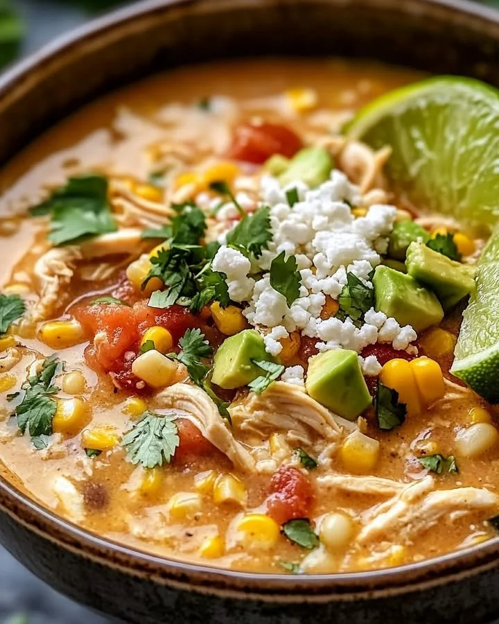A bowl of Mexican Street Corn White Chicken Chili topped with cilantro and lime.