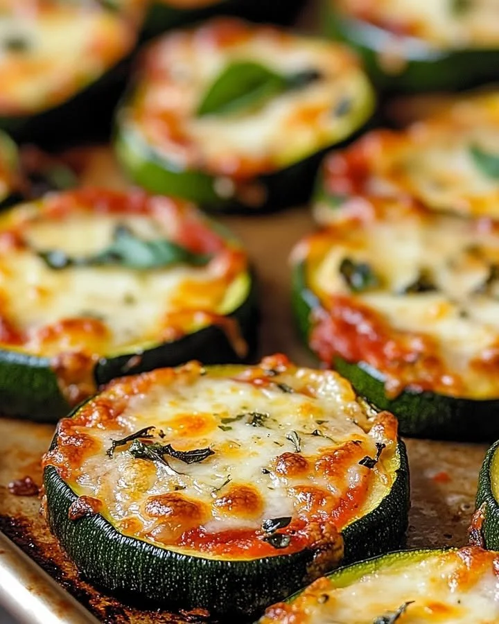 Mini zucchini crust pizzas topped with fresh ingredients and cheese