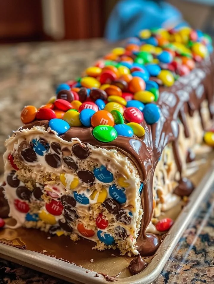 M&M's chocolate chip cookie dough ice cream cake roll dessert