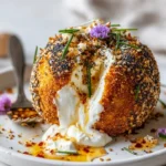 Molten Burrata Sphere with a golden-brown bagel crust, oozing creamy cheese.