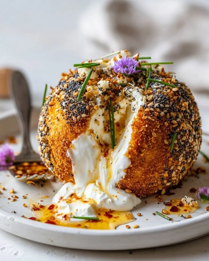 Molten Burrata Sphere with a golden-brown bagel crust, oozing creamy cheese.