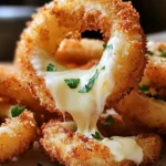 Mozzarella-stuffed onion rings drizzled with garlic butter on a plate.