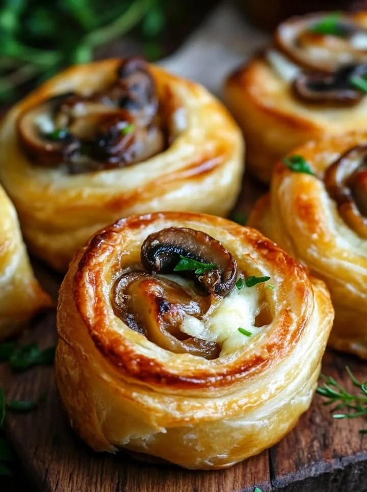 Mushroom Cheese Pinwheels ready for serving on a platter