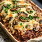 Delicious Mushroom Swiss Cheese Meatloaf garnished with fresh herbs
