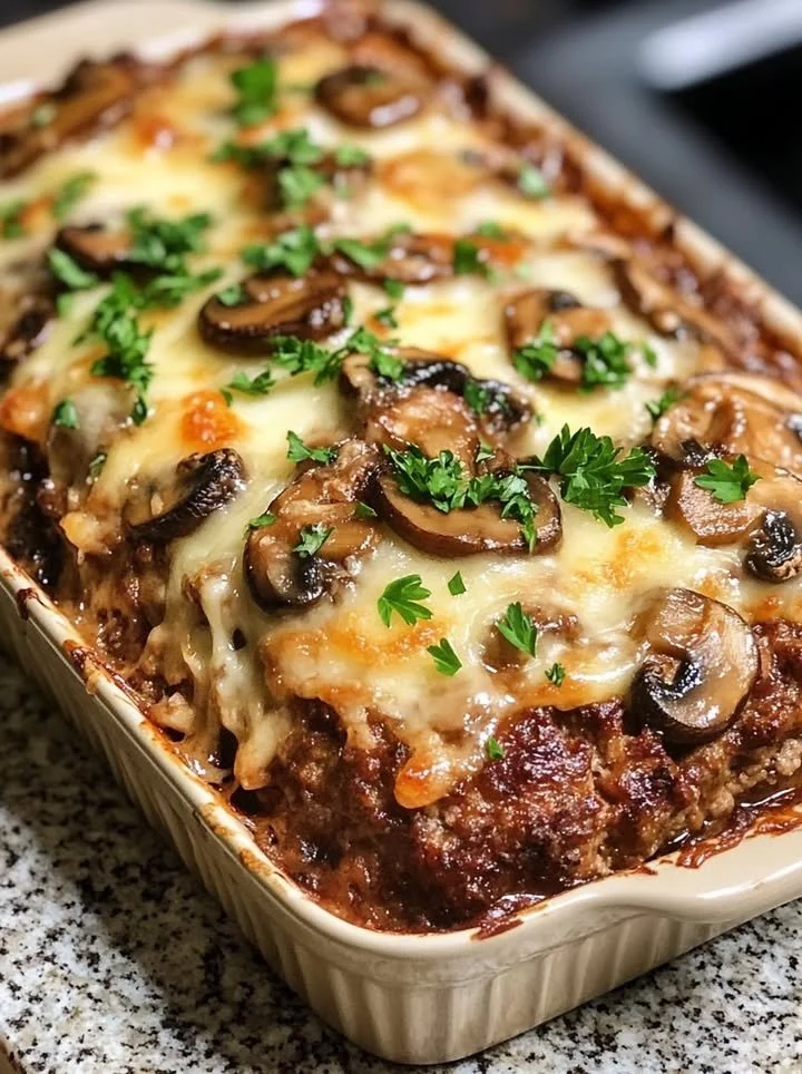 Delicious Mushroom Swiss Cheese Meatloaf garnished with fresh herbs