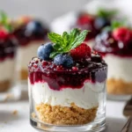 No-Bake Burrata and Berry Cheesecake Cups served in elegant dessert glasses