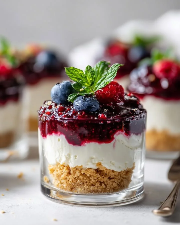 No-Bake Burrata and Berry Cheesecake Cups served in elegant dessert glasses