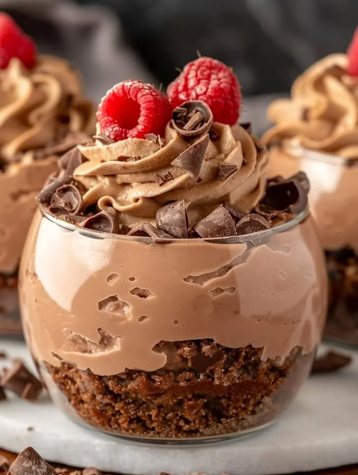 No-bake chocolate cheesecake parfait with graham cracker crust topped with chocolate