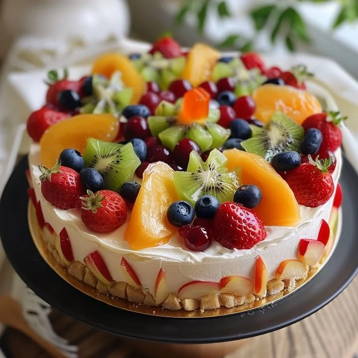 Delicious no-bake fruit cheesecake topped with fresh fruits