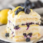 No-Bake Lemon Dazzling Blueberry Cream Cake with fresh blueberries and lemon zest