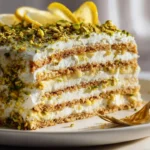 No-bake lemon pistachio icebox dessert topped with crushed pistachios
