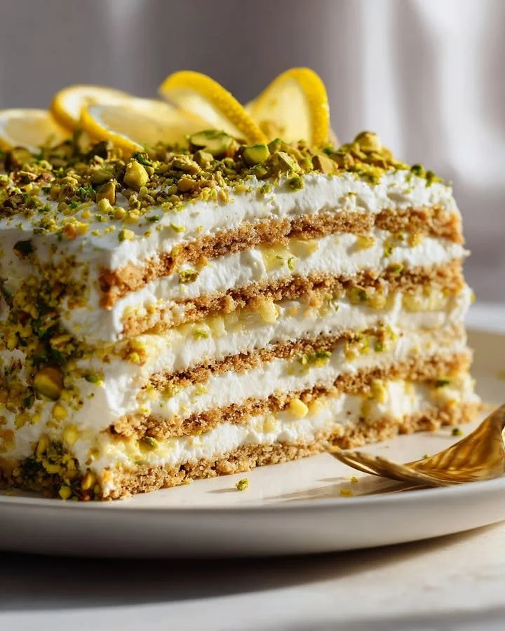 No-bake lemon pistachio icebox dessert topped with crushed pistachios