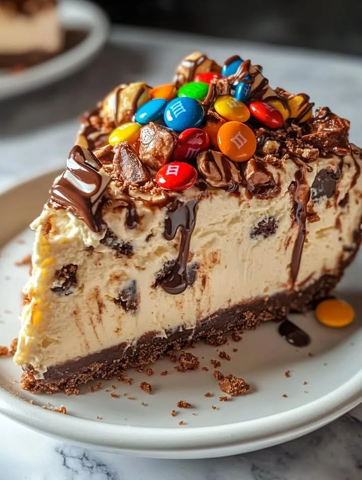 No-Bake M&M Snickers Cheesecake topped with colorful candies and chocolate